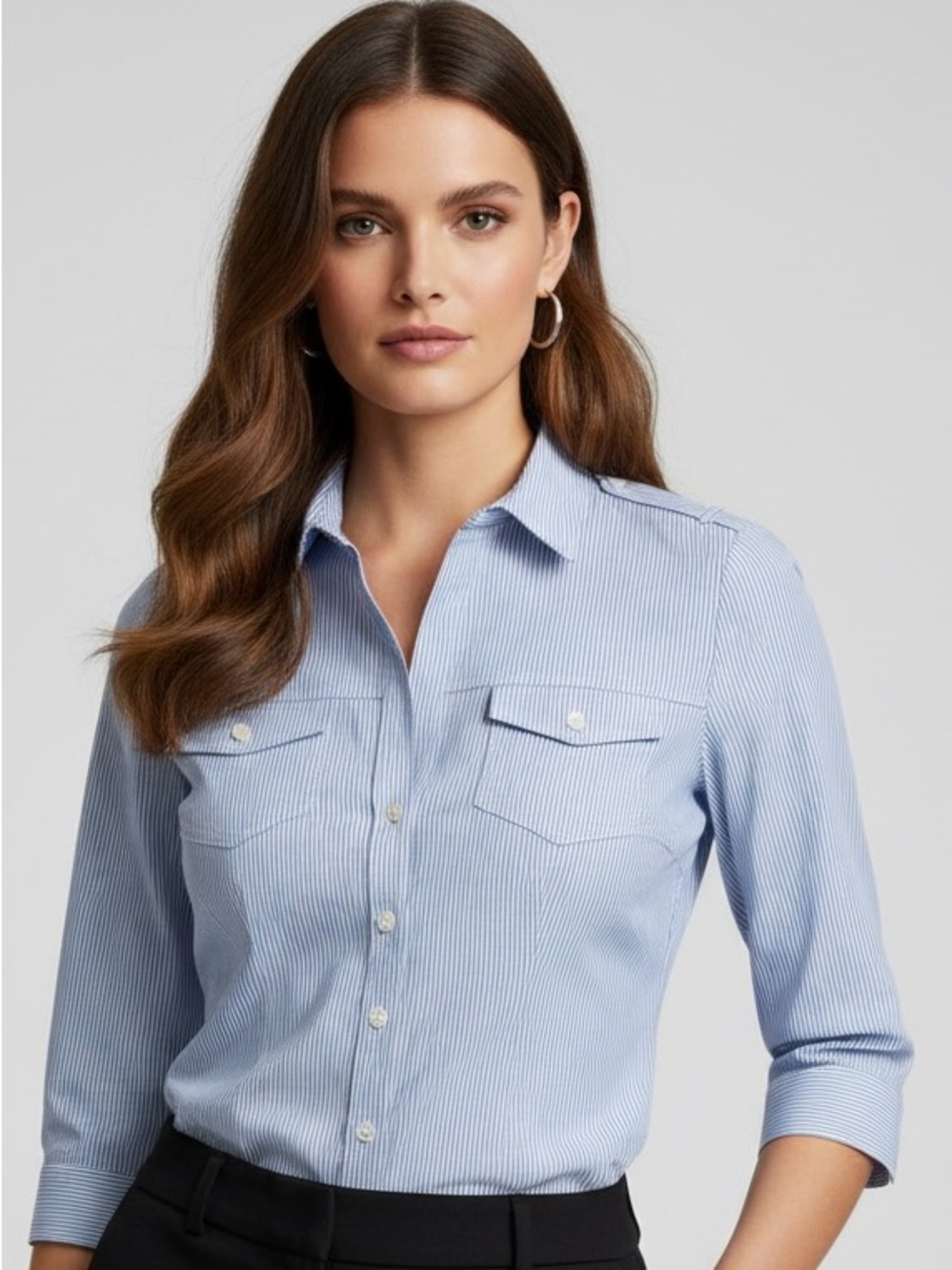 H&M Blue & White Pin Striped Button Down Shirt - US 10 - 3/4 Sleeve